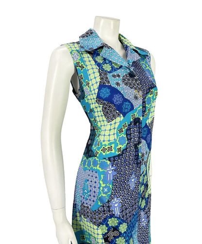 VTG 70S BLUE GREEN BLACK WHITE PSYCHEDELIC GEOMETRIC SHIFT DAGGER SHIRT DRESS 12