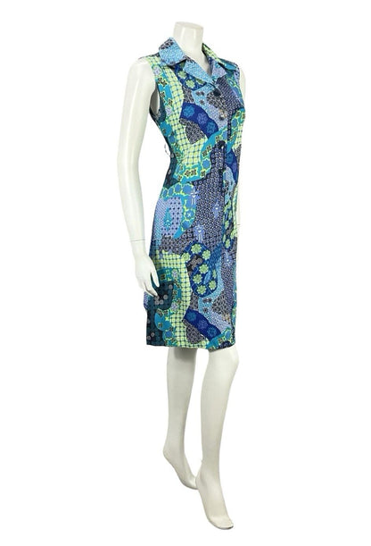 VTG 70S BLUE GREEN BLACK WHITE PSYCHEDELIC GEOMETRIC SHIFT DAGGER SHIRT DRESS 12