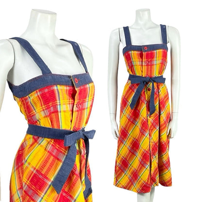VTG 70S BLUE RED YELLOW TIE WAIST PLAID COTTAGE STRAPPY PINAFORE DRESS 8