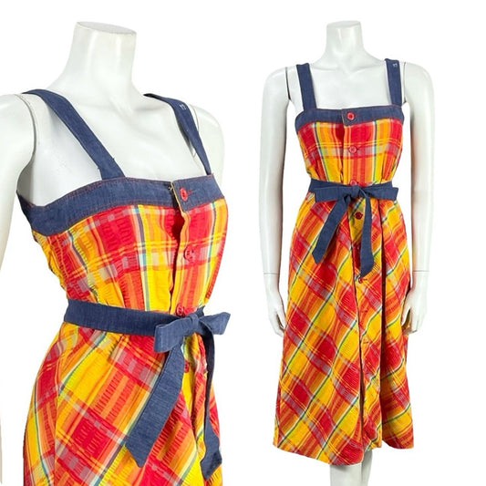 VTG 70S BLUE RED YELLOW TIE WAIST PLAID COTTAGE STRAPPY PINAFORE DRESS 8