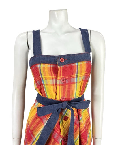 VTG 70S BLUE RED YELLOW TIE WAIST PLAID COTTAGE STRAPPY PINAFORE DRESS 8