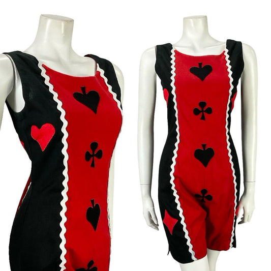 VTG 60S 70S RED BLACK WHITE PLAYING CARDS HARLEY QUINN RIC RAC JUMPSUIT 8 10 S