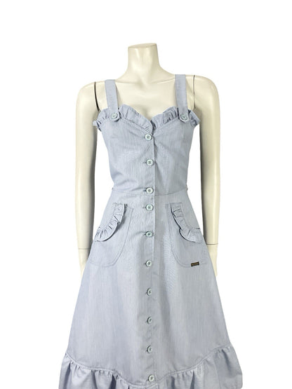VTG 70S BLUE WHITE PINSTRIPE RIC RAC SWEETHEART RUFFLE STRAPPY SWING DRESS 10
