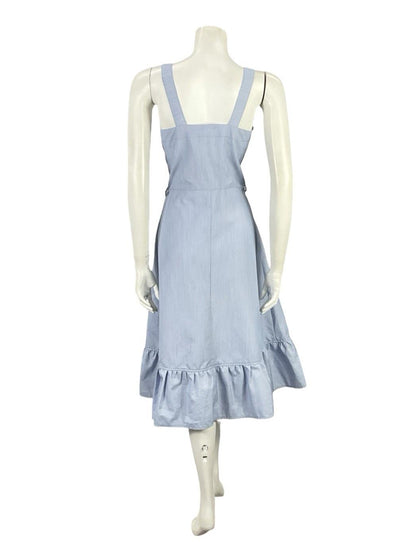 VTG 70S BLUE WHITE PINSTRIPE RIC RAC SWEETHEART RUFFLE STRAPPY SWING DRESS 10