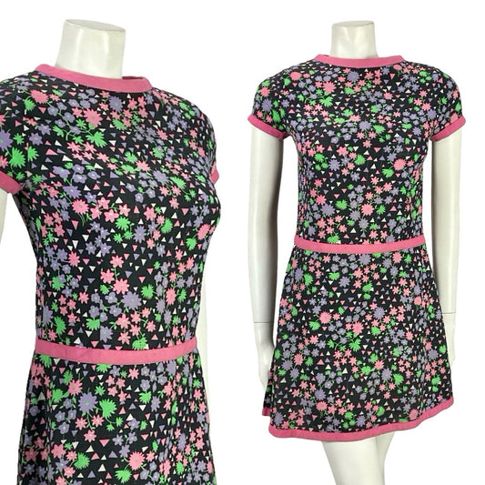 VTG 60S BLACK PINK PURPLE WHITE MOD GOGO FLORAL GEOMETRIC DROP WAIST DRESS 4 6