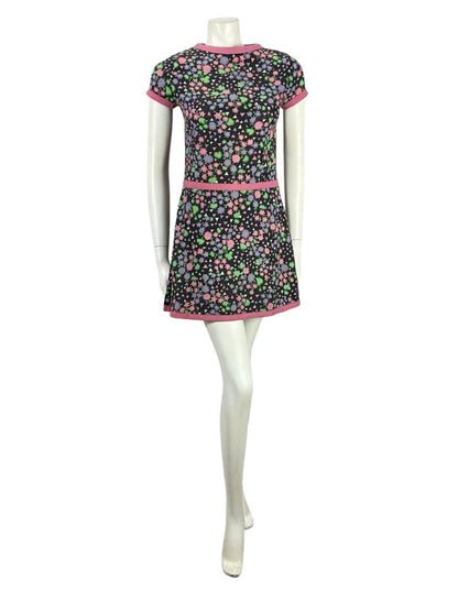 VTG 60S BLACK PINK PURPLE WHITE MOD GOGO FLORAL GEOMETRIC DROP WAIST DRESS 4 6