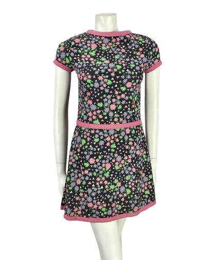 VTG 60S BLACK PINK PURPLE WHITE MOD GOGO FLORAL GEOMETRIC DROP WAIST DRESS 4 6