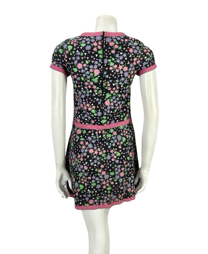 VTG 60S BLACK PINK PURPLE WHITE MOD GOGO FLORAL GEOMETRIC DROP WAIST DRESS 4 6