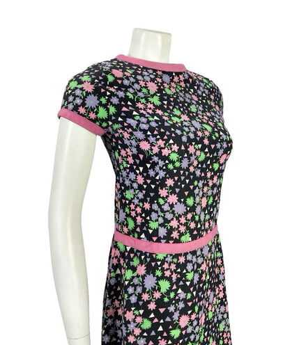 VTG 60S BLACK PINK PURPLE WHITE MOD GOGO FLORAL GEOMETRIC DROP WAIST DRESS 4 6