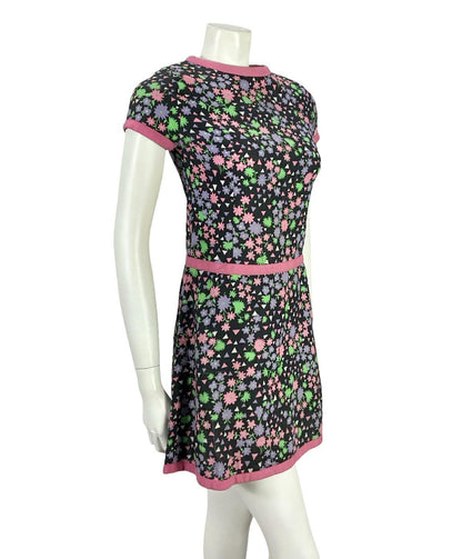 VTG 60S BLACK PINK PURPLE WHITE MOD GOGO FLORAL GEOMETRIC DROP WAIST DRESS 4 6
