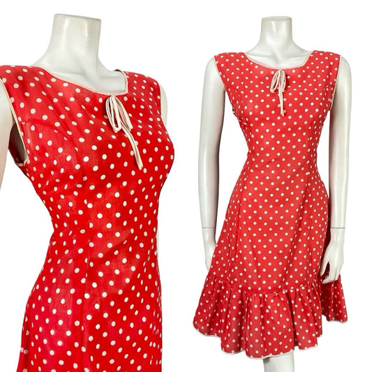 VTG 60S 70S RED WHITE POLKA DOT RIC RAC MOD RUFFLE BOW A LINE DRESS 10