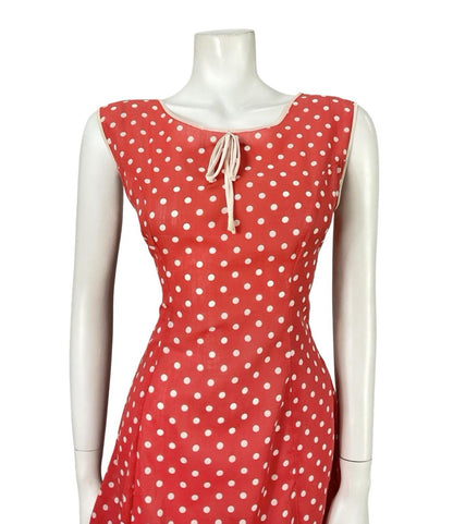 VTG 60S 70S RED WHITE POLKA DOT RIC RAC MOD RUFFLE BOW A LINE DRESS 10