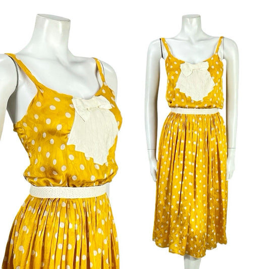 VTG 70S YELLOW GOLD CREAM ART DECO POLKA DOT FLORAL DAMASK STRAPPY DRESS XS 6