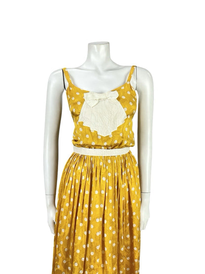 VTG 70S YELLOW GOLD CREAM ART DECO POLKA DOT FLORAL DAMASK STRAPPY DRESS XS 6