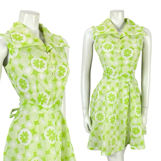 VTG 60S 70S GREEN WHITE MOD DOTTY GEOMETRIC FLORAL DAISY TIE WAIST SHIRT DRESS 8