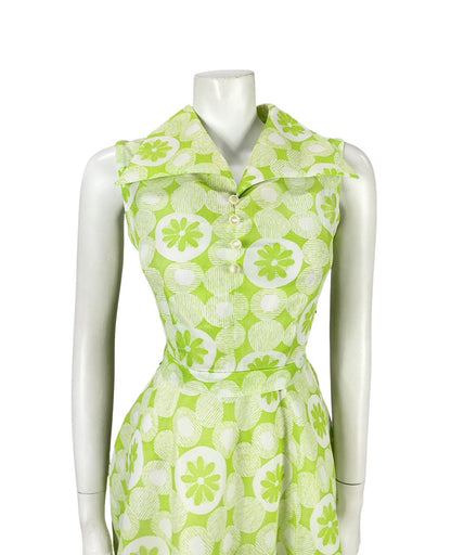 VTG 60S 70S GREEN WHITE MOD DOTTY GEOMETRIC FLORAL DAISY TIE WAIST SHIRT DRESS 8