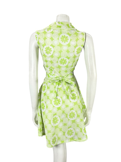 VTG 60S 70S GREEN WHITE MOD DOTTY GEOMETRIC FLORAL DAISY TIE WAIST SHIRT DRESS 8
