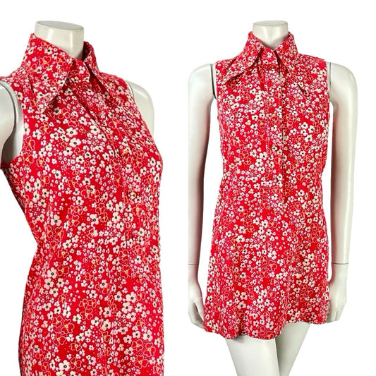 VTG 60S RED WHITE MOD GOGO FLORAL DAGGER COLLAR SHIFT SUPER MINI DRESS 8
