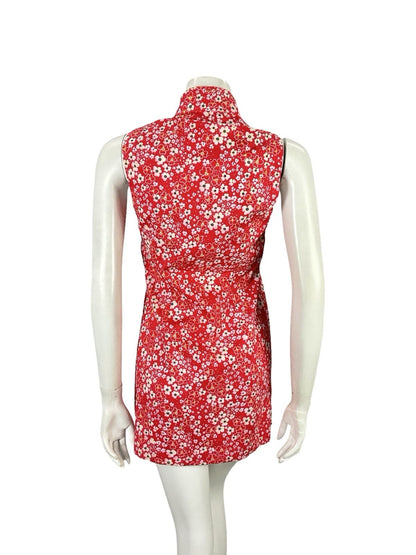 VTG 60S RED WHITE MOD GOGO FLORAL DAGGER COLLAR SHIFT SUPER MINI DRESS 8