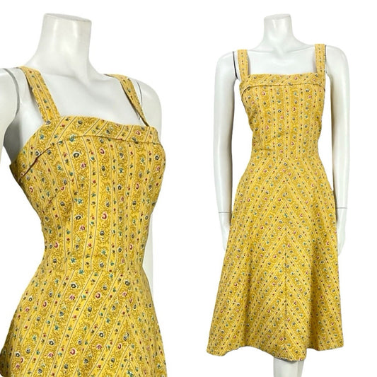 VTG 60S 70S YELLOW BLUE PINK STRAPPY A LINE ROCKABILLY SUN SWING DRESS 14