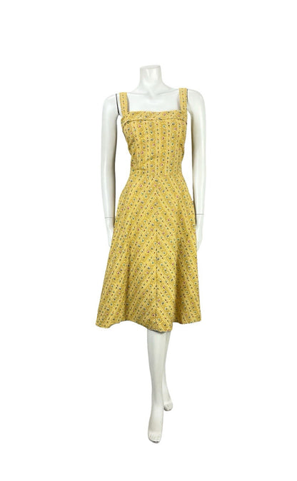 VTG 60S 70S YELLOW BLUE PINK STRAPPY A LINE ROCKABILLY SUN SWING DRESS 14