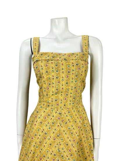 VTG 60S 70S YELLOW BLUE PINK STRAPPY A LINE ROCKABILLY SUN SWING DRESS 14