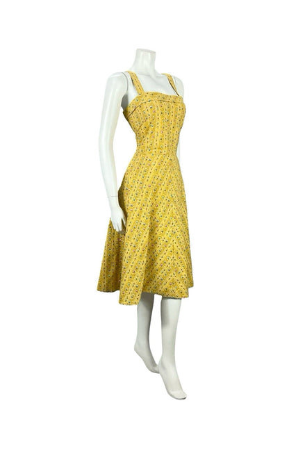VTG 60S 70S YELLOW BLUE PINK STRAPPY A LINE ROCKABILLY SUN SWING DRESS 14