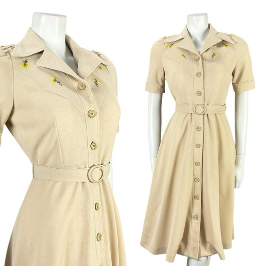 VTG JAPANESE 70S BEIGE YELLOW FLORAL EMBROIDERY A LINE BELTED SHIRT DRESS 8