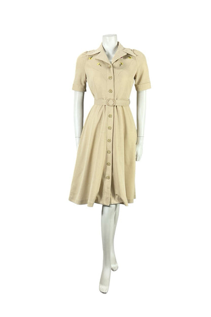VTG JAPANESE 70S BEIGE YELLOW FLORAL EMBROIDERY A LINE BELTED SHIRT DRESS 8