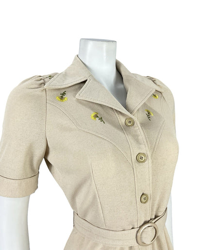 VTG JAPANESE 70S BEIGE YELLOW FLORAL EMBROIDERY A LINE BELTED SHIRT DRESS 8
