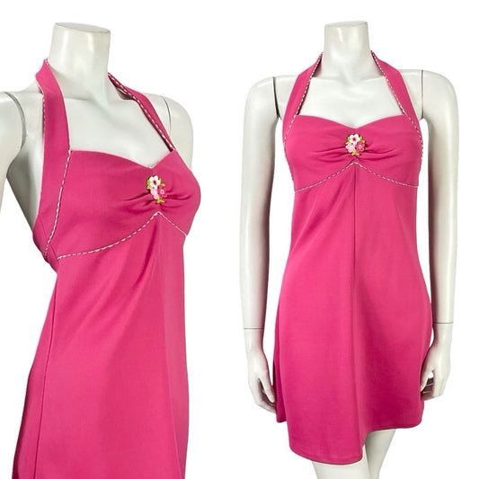 VTG 70S HOT PINK WHITE SCALLOPED MOD GOGO FLORAL EMPIRE HALTER MINI DRESS XS 6