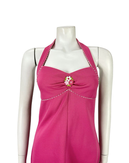 VTG 70S HOT PINK WHITE SCALLOPED MOD GOGO FLORAL EMPIRE HALTER MINI DRESS XS 6