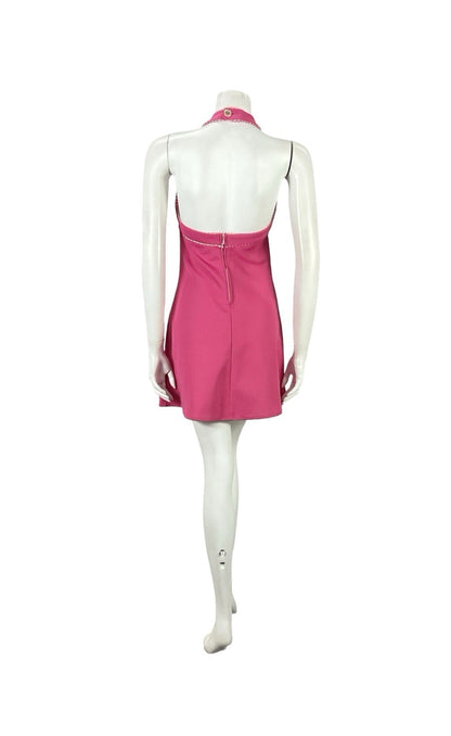 VTG 70S HOT PINK WHITE SCALLOPED MOD GOGO FLORAL EMPIRE HALTER MINI DRESS XS 6