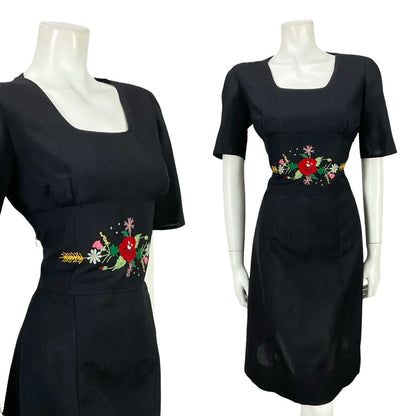 VTG 60S MOD FOLK BLACK RED GREEN FLORAL WHEAT SQUARE NECK WIGGLE DRESS 10