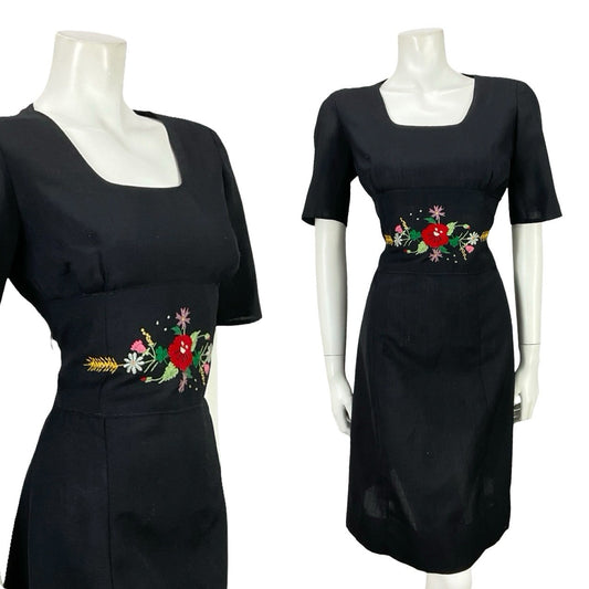 VTG 60S MOD FOLK BLACK RED GREEN FLORAL WHEAT SQUARE NECK WIGGLE DRESS 10