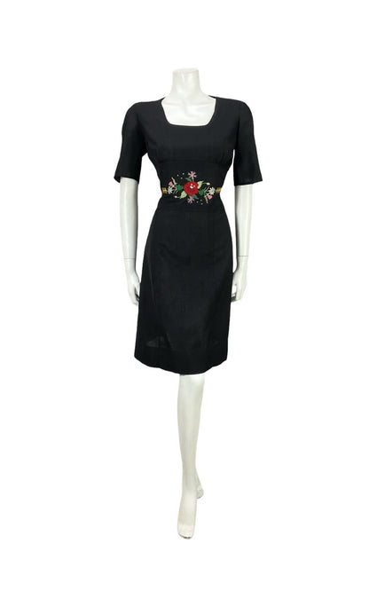 VTG 60S MOD FOLK BLACK RED GREEN FLORAL WHEAT SQUARE NECK WIGGLE DRESS 10