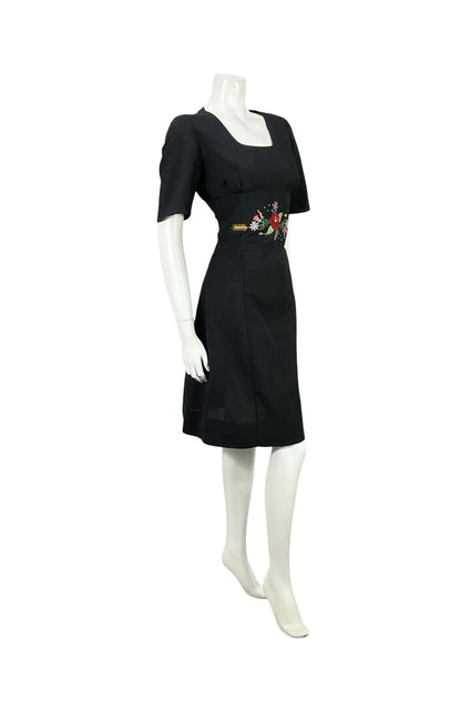 VTG 60S MOD FOLK BLACK RED GREEN FLORAL WHEAT SQUARE NECK WIGGLE DRESS 10