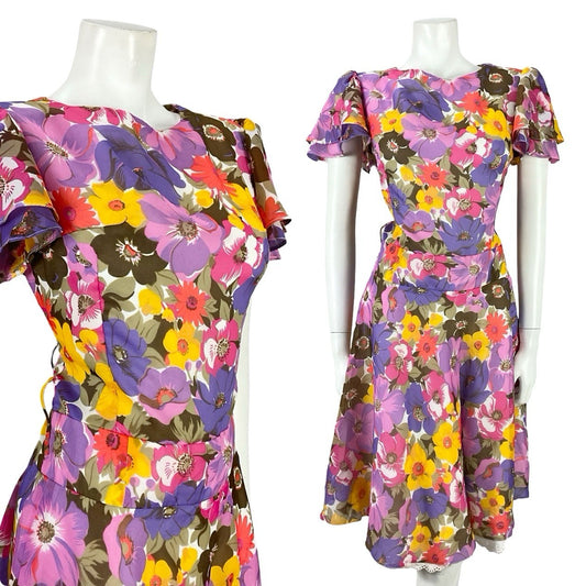VTG 60S 70S PURPLE PINK YELLOW BROWN FLORAL BUTTERFLY SLEEVE DRESS 10