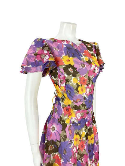 VTG 60S 70S PURPLE PINK YELLOW BROWN FLORAL BUTTERFLY SLEEVE DRESS 10