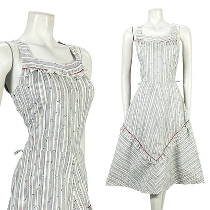 VTG 70S WHITE RED BLUE STRIPED FLORAL RUFFLE A LINE PRAIRIE SWING DRESS 8