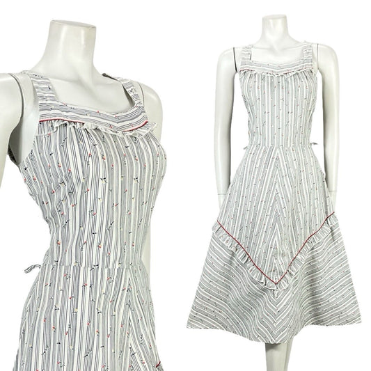 VTG 70S WHITE RED BLUE STRIPED FLORAL RUFFLE A LINE PRAIRIE SWING DRESS 8