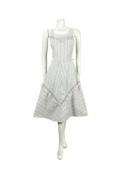 VTG 70S WHITE RED BLUE STRIPED FLORAL RUFFLE A LINE PRAIRIE SWING DRESS 8