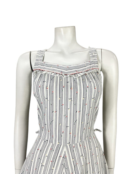 VTG 70S WHITE RED BLUE STRIPED FLORAL RUFFLE A LINE PRAIRIE SWING DRESS 8