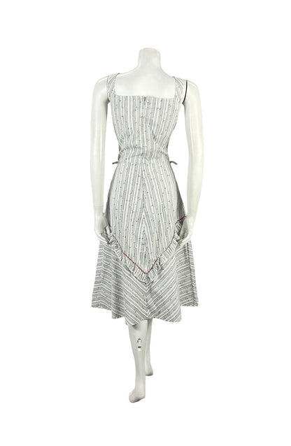 VTG 70S WHITE RED BLUE STRIPED FLORAL RUFFLE A LINE PRAIRIE SWING DRESS 8