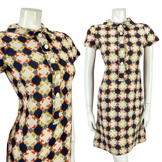 VTG 60S BLUE BEIGE ORANGE YELLOW GEOMETRIC TILE MOD MINI SHIFT SHIRT DRESS 8