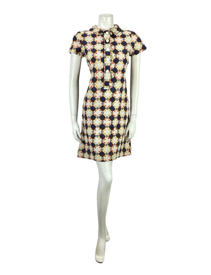 VTG 60S BLUE BEIGE ORANGE YELLOW GEOMETRIC TILE MOD MINI SHIFT SHIRT DRESS 8