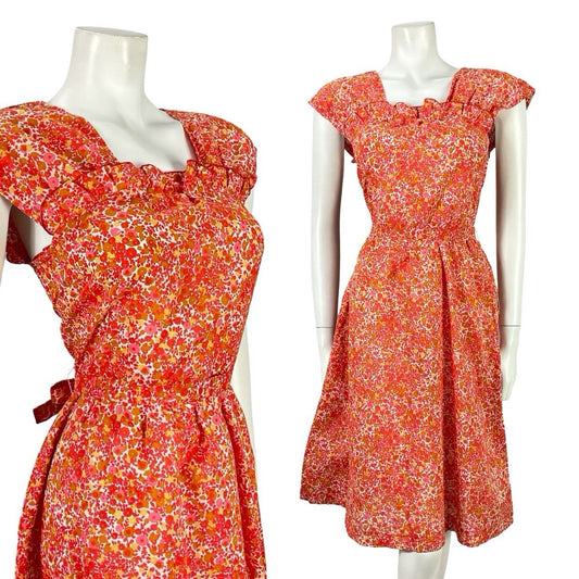 VTG 60S RED WHITE YELLOW DITSY FLORAL RUFFLE TIE WAIST COTTON SWING DRESS 4