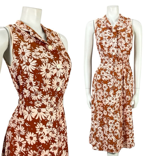 VTG 60S 70S BROWN CREAM FLORAL DAISY A LINE MOD SHIRT MIDI DRESS 8