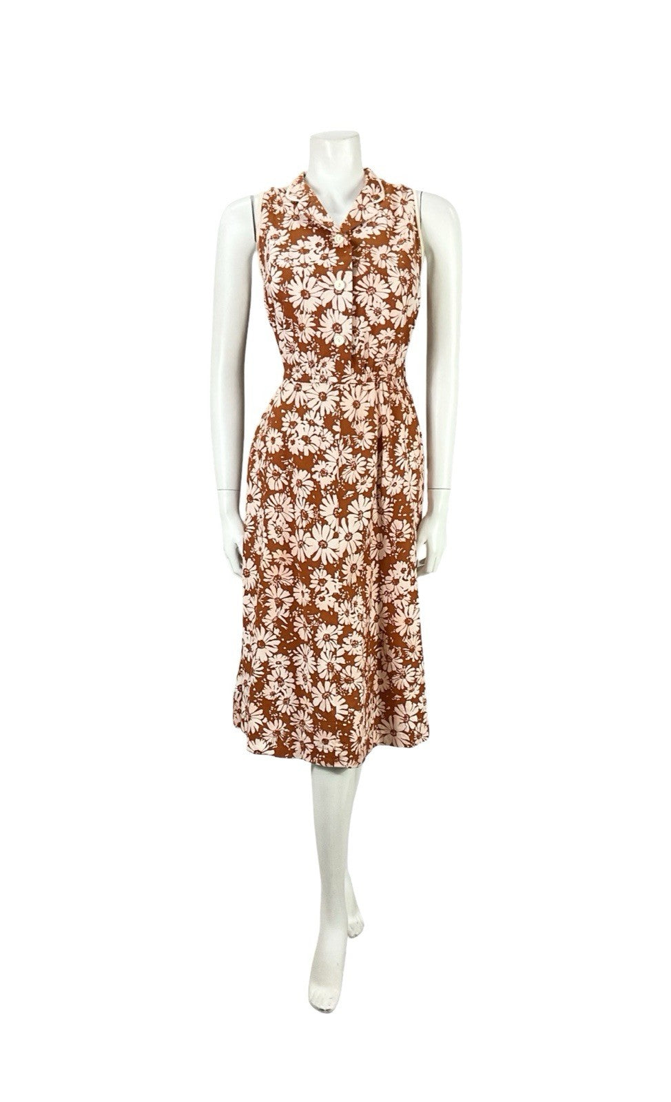 VTG 60S 70S BROWN CREAM FLORAL DAISY A LINE MOD SHIRT MIDI DRESS 8