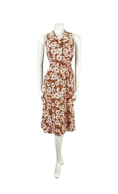 VTG 60S 70S BROWN CREAM FLORAL DAISY A LINE MOD SHIRT MIDI DRESS 8